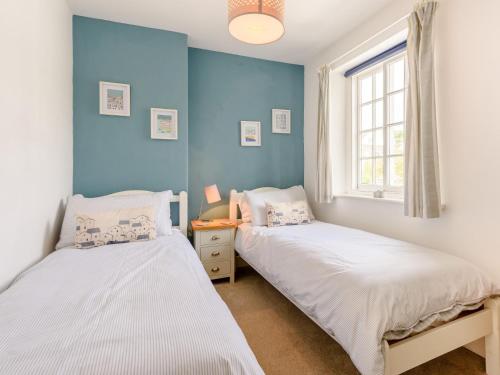 twee bedden in een kamer met blauwe muren en een raam bij 2 bed in Appledore TRQCT in Appledore
