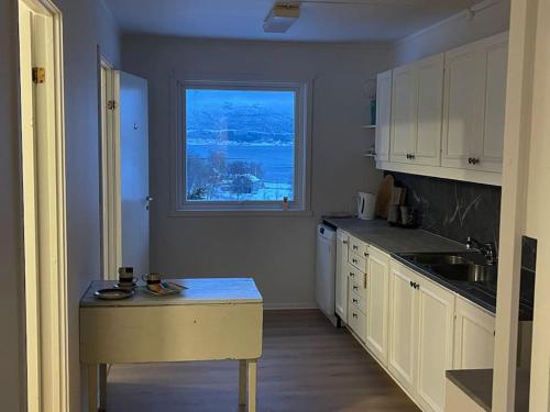 una cocina con fregadero y una ventana. en Ivar and Sofies House en Tromsø