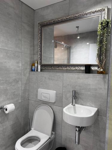 een badkamer met een toilet, een wastafel en een spiegel bij Zeno stay - No Loadshedding in Kaapstad