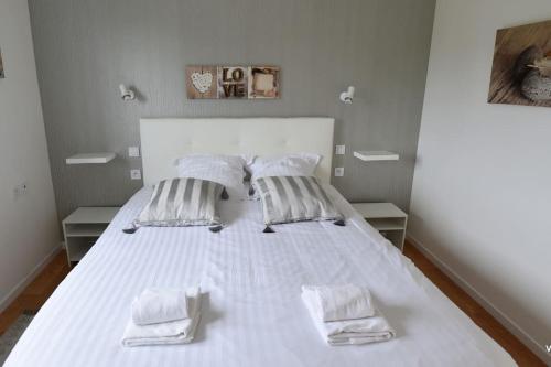 une chambre avec un lit blanc avec deux oreillers dans l'établissement La villa des amiets, piscine chauffée et à 500 m de la plage, à Cléder