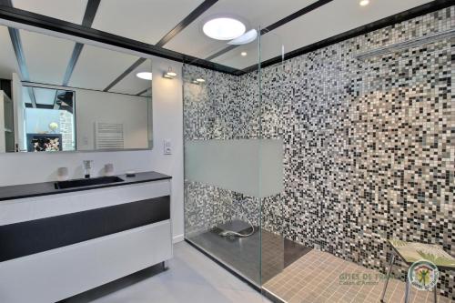 een badkamer met een wastafel en een douche bij La ritournelle in Pleslin-Trigavou