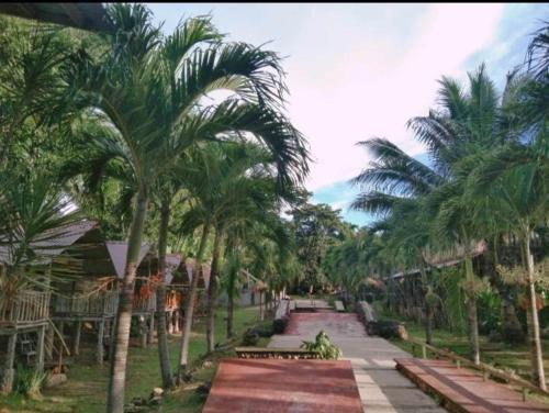 a street with palm trees and benches and a road at Palaboy Skatecamp Beach Resort 