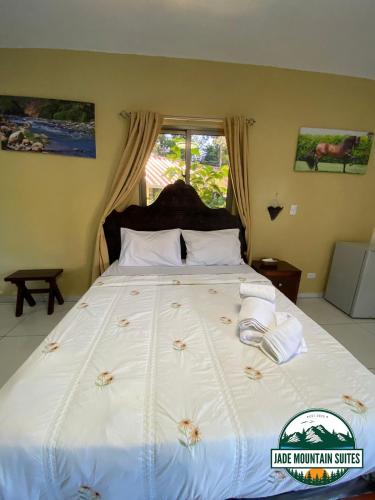 a bedroom with a large bed with flowers on it at Jade Mountain Suites, Jarabacoa in Jarabacoa