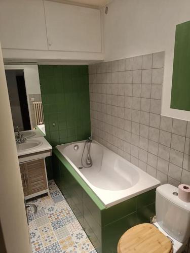 a green and white bathroom with a tub and a sink at Appartement au charme authentique in Mirecourt