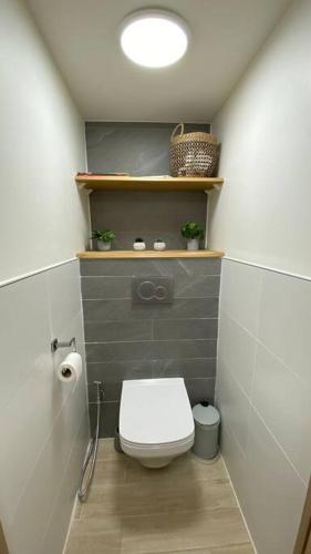 une petite salle de bain avec toilettes et lumière dans l'établissement Close to PARIS, at HOUILLES, house within an exotic garden, à Houilles