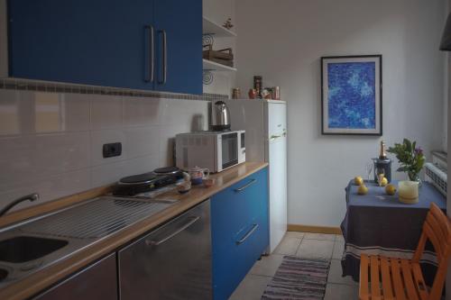 een keuken met blauwe kasten, een wastafel en een magnetron bij Lisetta Rooms in Vernazza