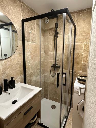 uma casa de banho com um chuveiro, um lavatório e um espelho. em Appartement Haut Standing em Orléans