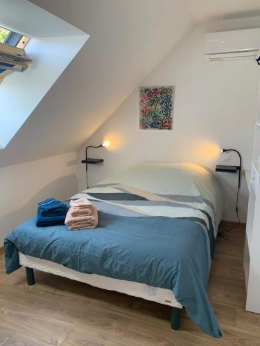 une chambre avec un lit dans un grenier dans l'établissement Mesnie SAS, à Reugny