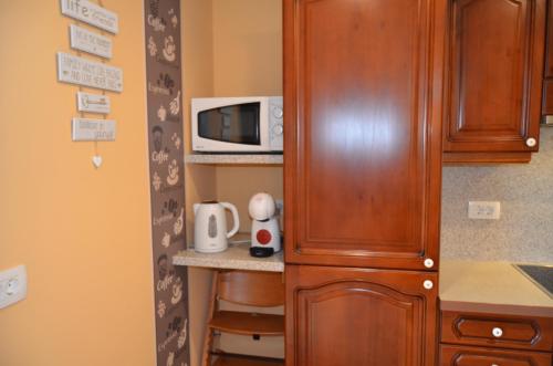 a kitchen with a wooden cabinet and a microwave at Holiday Home with Hot tub and Sauna Sabina in Rovte