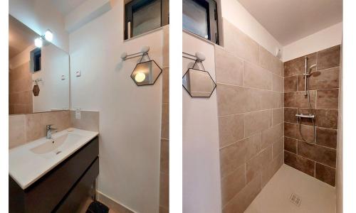 twee foto's van een badkamer met een wastafel en een douche bij Des chevreuils in Baden