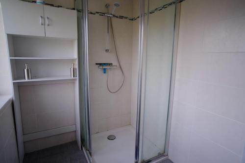 eine Dusche mit Glastür im Bad in der Unterkunft Évasion Savoyarde, Entre lacs et montagnes 