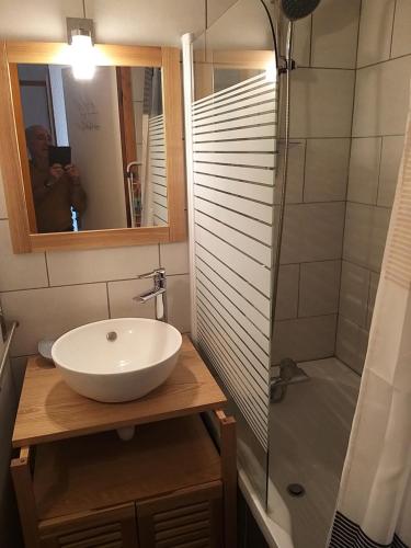 a person taking a picture of a bathroom sink and shower at Appartement les 2 Alpes avec vue sur la muzelle in Vénosc