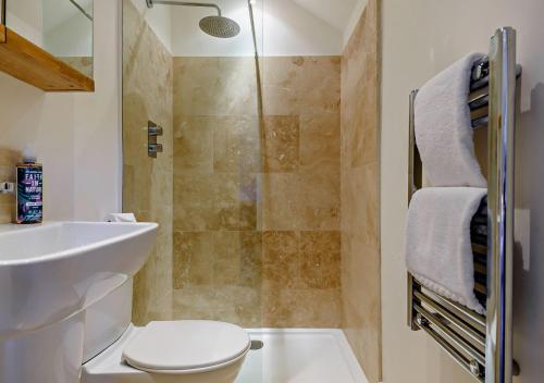 a bathroom with a shower and a toilet and a sink at Clerks Cottage in Letheringsett