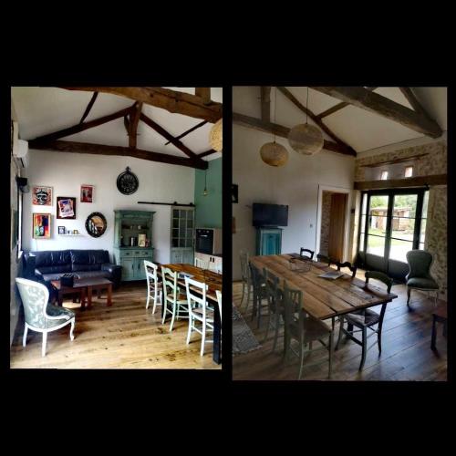 deux photos d'un salon avec une table et des chaises dans l'établissement Les trois jolies J1, à Maylis