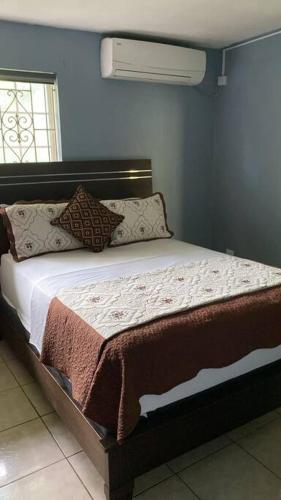 ein Schlafzimmer mit einem Bett in einem blauen Zimmer in der Unterkunft 1 Cozy Bedroom Apartment in Kingston
