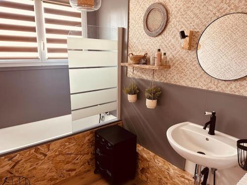 ein Bad mit einem Waschbecken und einem Spiegel in der Unterkunft Cocon berrichon Châteauroux-Déols in Déols