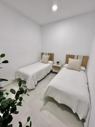 - 2 lits dans une chambre aux murs blancs dans l'établissement Casa Abuela Ana, à Alcalá de los Gazules