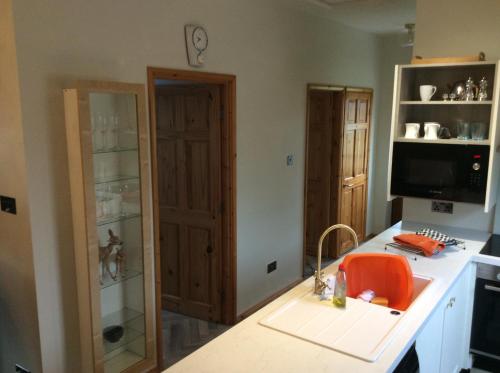 eine Küche mit einer Theke und einer Glastür in der Unterkunft 2 Bedroom Furnished Apartment in a Rural Position in Stone
