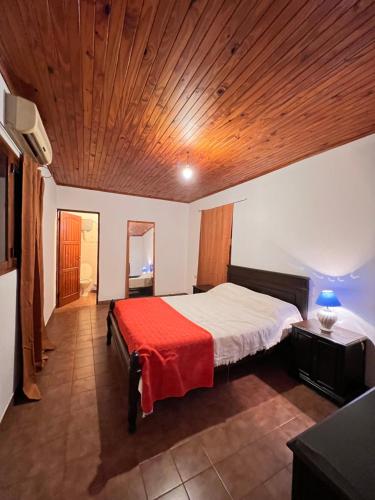 a bedroom with a large bed with a wooden ceiling at Dorbozy in Wanda