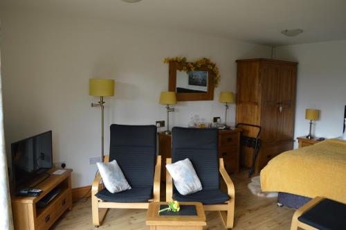 a room with two chairs and a bed and a television at Smithfield Farm Bed & Breakfast in Builth Wells