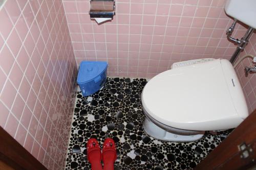 a bathroom with a toilet and a pair of red shoes at Yamadaya Hotel in Fujikawaguchiko