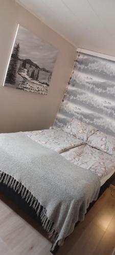 Bett in einem Zimmer mit einem Bild an der Wand in der Unterkunft Lapland winter cottage in Rovaniemi