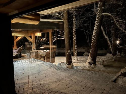 a pavilion with trees in the snow at night at Gervės dvaro svečių namelis in Vėžionys
