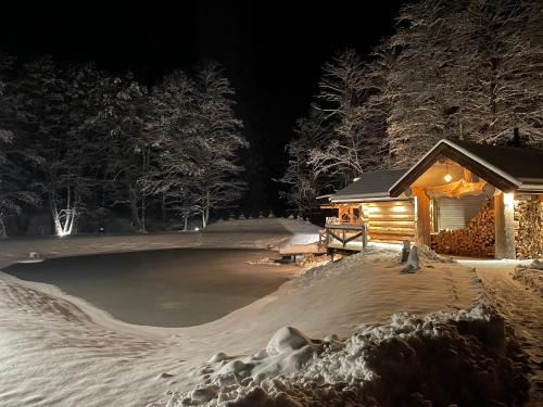 a log cabin in the snow at night at Gervės dvaro svečių namelis in Vėžionys