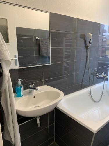 een badkamer met een wastafel en een douche bij Just Berlin - Wohnung für bis zu 12 Personen in Berlijn