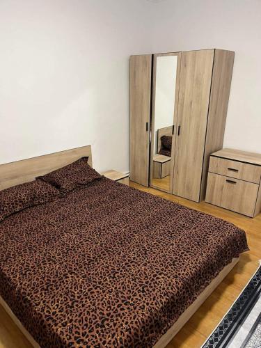 a bedroom with a bed and a mirror at Apartament Central in Tulcea