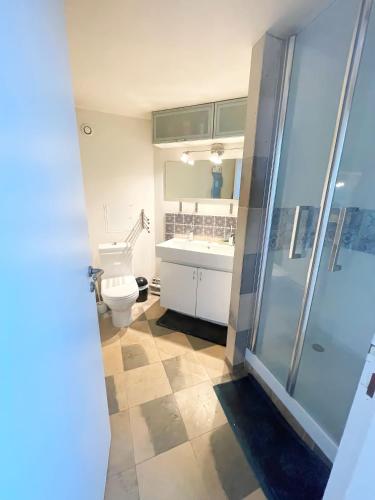 La salle de bains est pourvue de toilettes, d'un lavabo et d'une douche. dans l'établissement Chambre chez l'habitant (Bed & Breakfast), à Ivry-sur-Seine