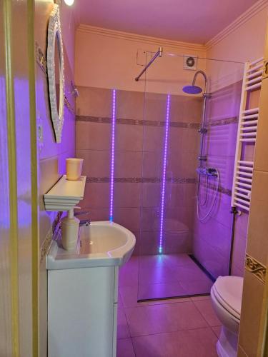 y baño con lavabo y ducha con luces moradas. en Etyek Rustic Home, en Etyek