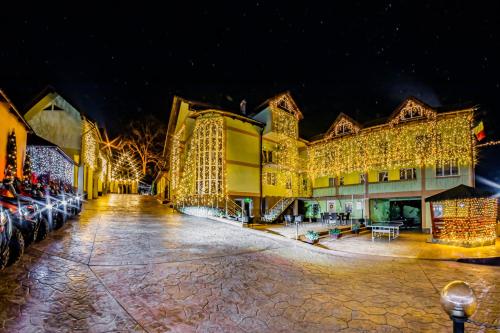 a building decorated with christmas lights at night at PENSIUNEA MIHAELA-Transalpina in Novaci