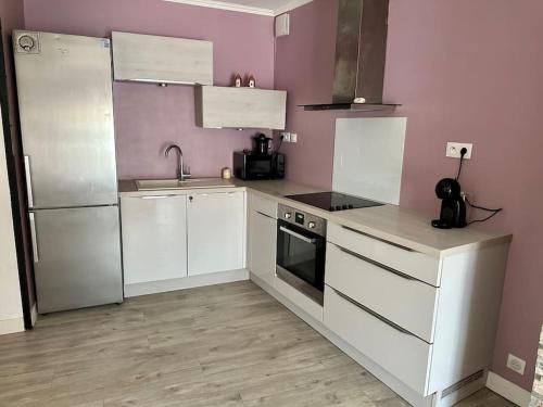 uma cozinha com electrodomésticos brancos e paredes cor-de-rosa em Appartement Cosy em Lamorlaye