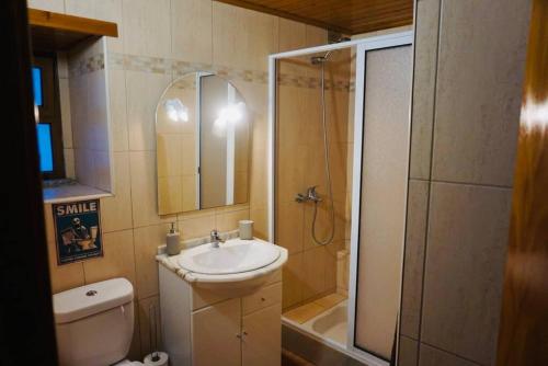 ein Bad mit einem WC, einem Waschbecken und einer Dusche in der Unterkunft Casa da Cantarinha in Fundão