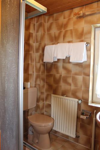 a small bathroom with a toilet and towels at Berggasthof Hoherodskopf in Schotten