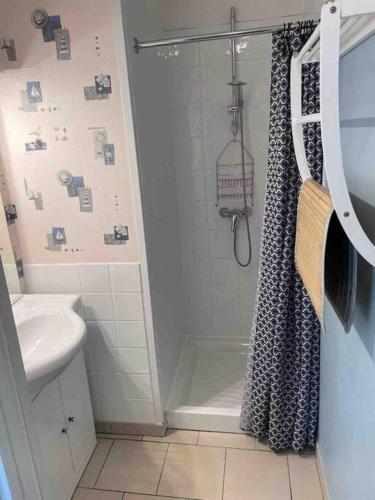 une salle de bain avec douche et lavabo dans l'établissement Maison avec terrasse et jardin à 600m de la plage, à Berck-sur-Mer