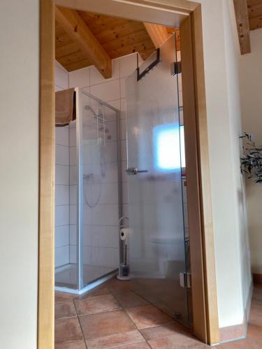 a shower with a glass door in a bathroom at Mediterraneo in Hülben