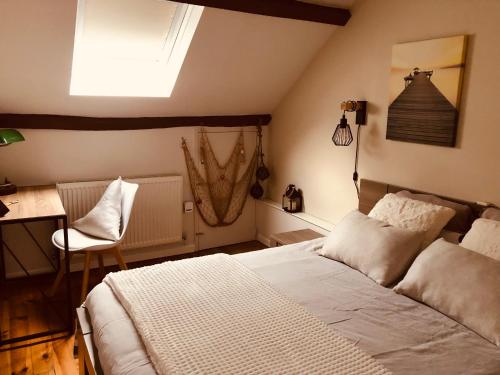 1 dormitorio con cama, escritorio y silla en Chambres d'Hôtes Bastia et Bonifacio en Retiers