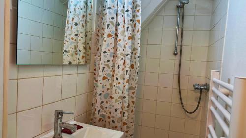 une salle de bain avec douche et lavabo dans l'établissement Le refuge de velours, à Nevers