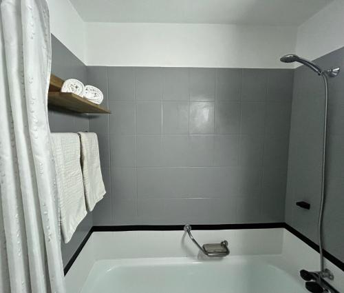 a bathroom with a bath tub with a shower at Charming Apartment in Laax in Laax