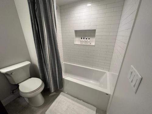 a bathroom with a toilet and a tub and a sink at Belmont Heights Oasis in Chicago