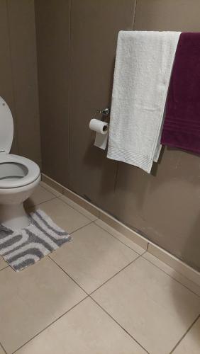 baño con aseo y toallas en la pared en Mossie Inn Accommodation en Swakopmund