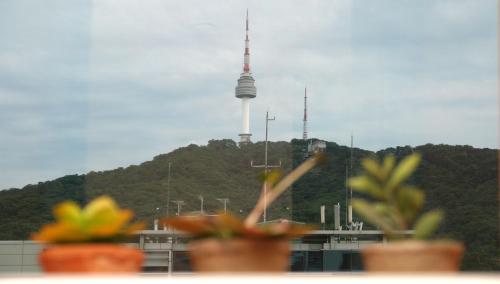 a view of the tv tower from a window with plants at Hotel Skypark Myeongdong 3 in Seoul