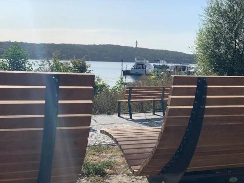two benches sitting next to a body of water at Ferienhaus am Wasser - citynah in Berlin