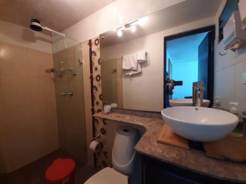 a bathroom with a sink and a toilet and a mirror at alojamiento cerca centro histórico Popayán. in Popayan