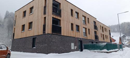 un bâtiment est en construction dans la neige dans l'établissement Apartmán Nely, à Svoboda nad Úpou