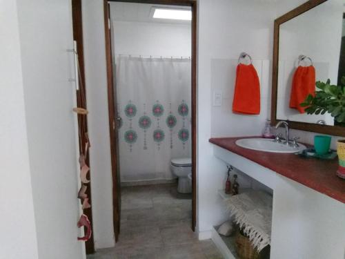 La salle de bains est pourvue d'un lavabo, de toilettes et d'un miroir. dans l'établissement Lincoln house, à Lincoln