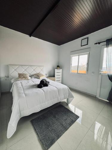 ein Schlafzimmer mit einem großen weißen Bett und einer schwarzen Decke in der Unterkunft Avenida 52 B in Los Llanos de Aridane