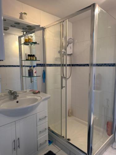 a bathroom with a shower and a sink at Amazing Gantshill Studio Annexe & Free Parking in Redbridge